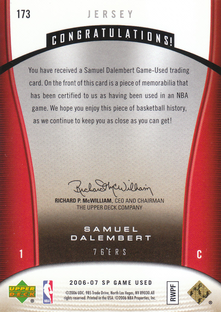 2006-07 SP Game Used Gold #173 Samuel Dalembert JSY back image