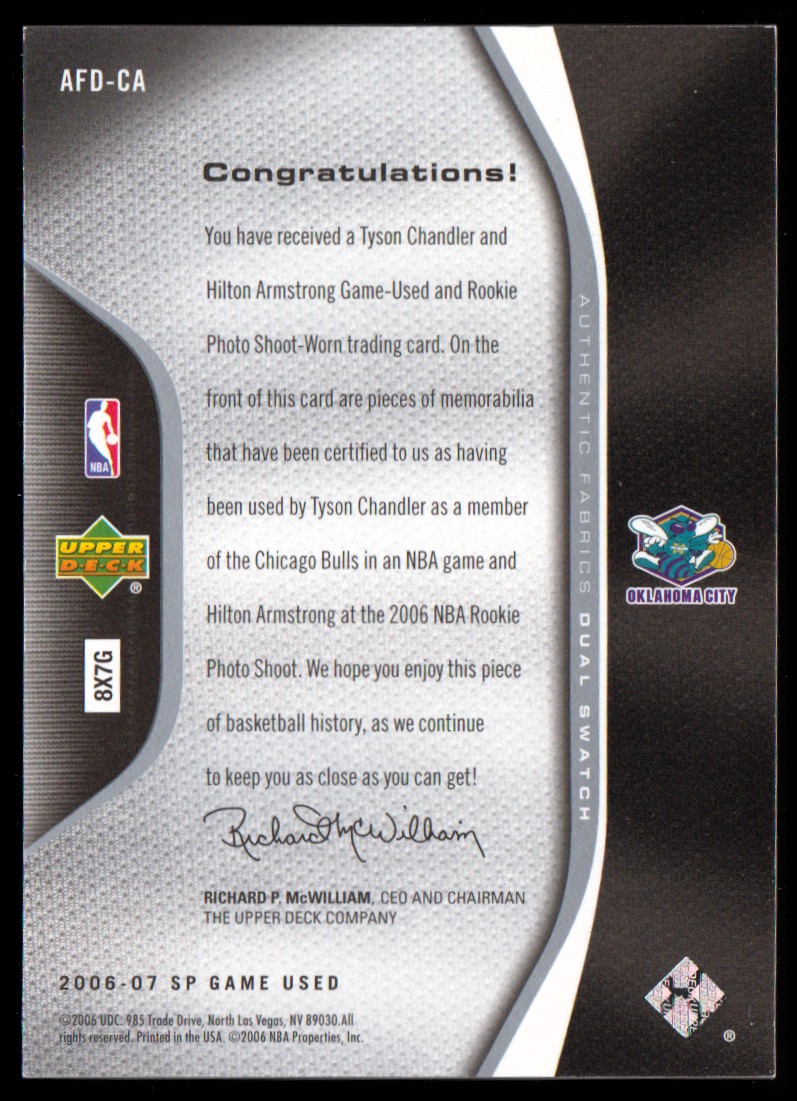 2006-07 SP Game Used Authentic Fabrics Dual #CA Tyson Chandler/Hilton Armstrong back image
