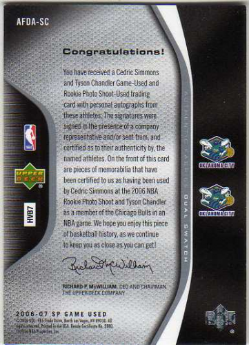 2006-07 SP Game Used Authentic Fabrics Dual Autographs #SC Tyson Chandler/Cedric Simmons back image