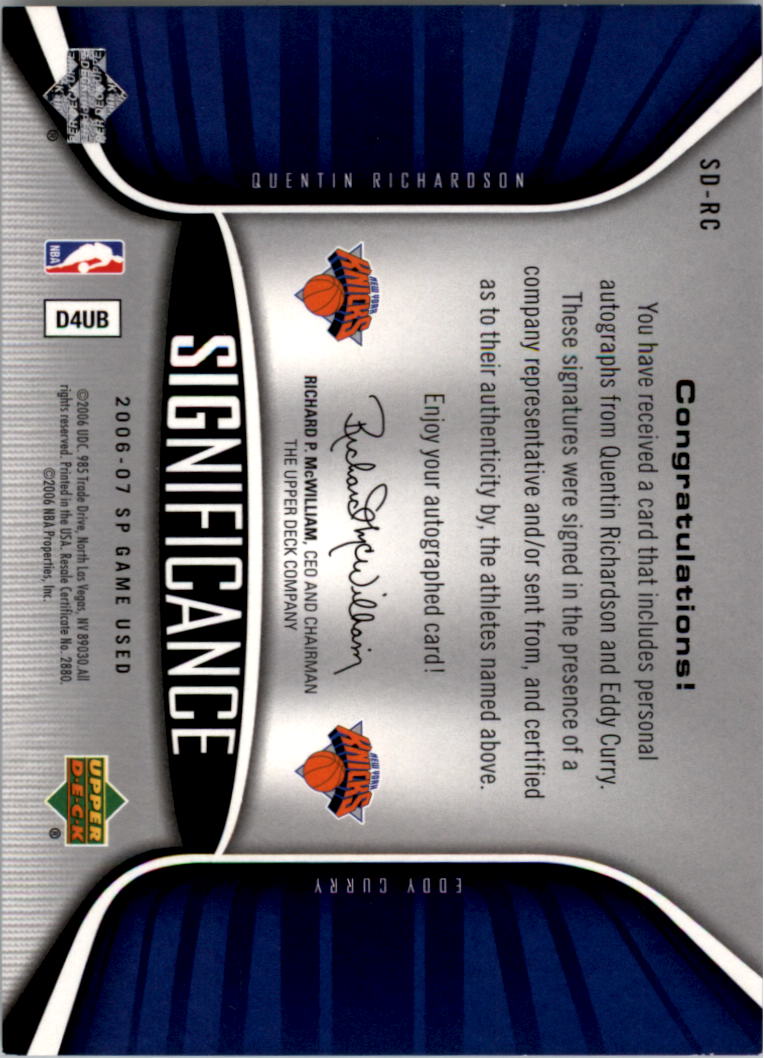 2006-07 SP Game Used SIGnificance Dual #RC Quentin Richardson/Eddy Curry back image