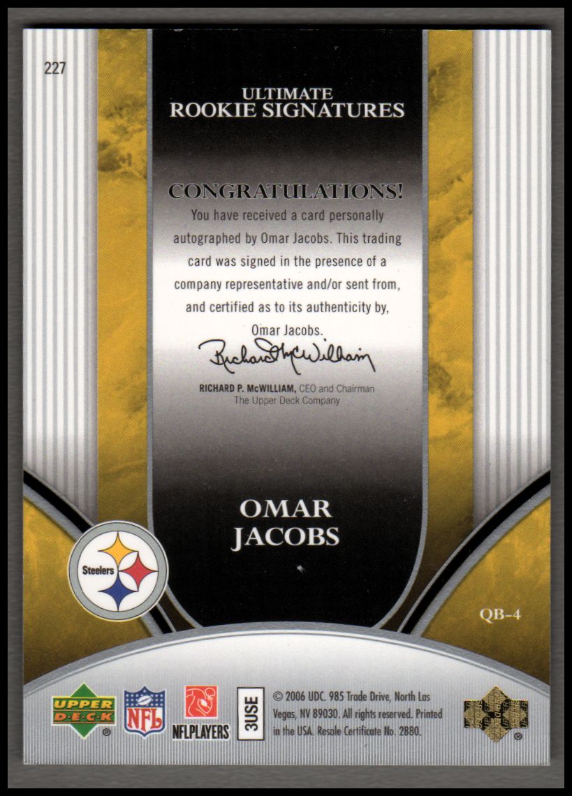 2006 Ultimate Collection #227 Omar Jacobs AU/150 RC back image