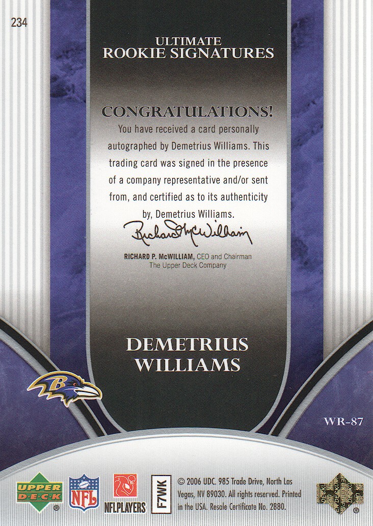 2006 Ultimate Collection #234 Demetrius Williams AU/275 RC back image