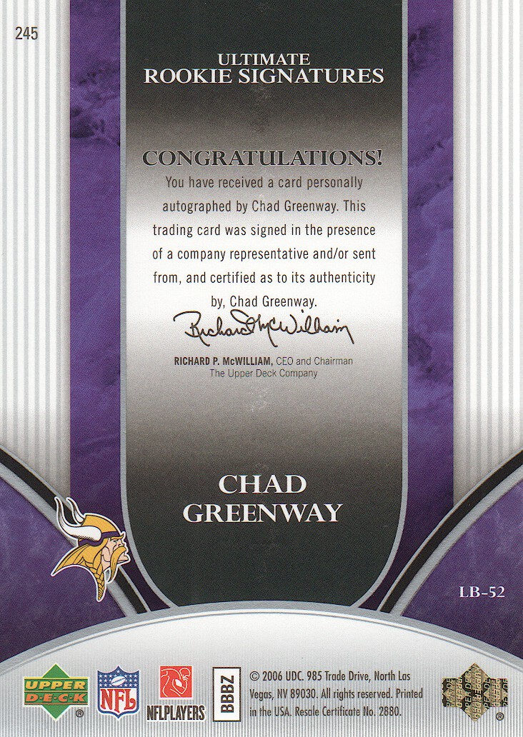 2006 Ultimate Collection #245 Chad Greenway AU/275 RC back image