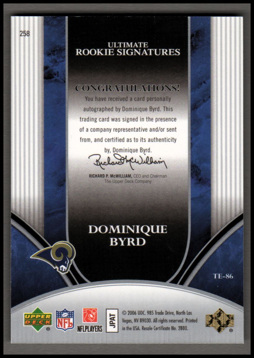 2006 Ultimate Collection #258 Dominique Byrd AU/275 RC back image