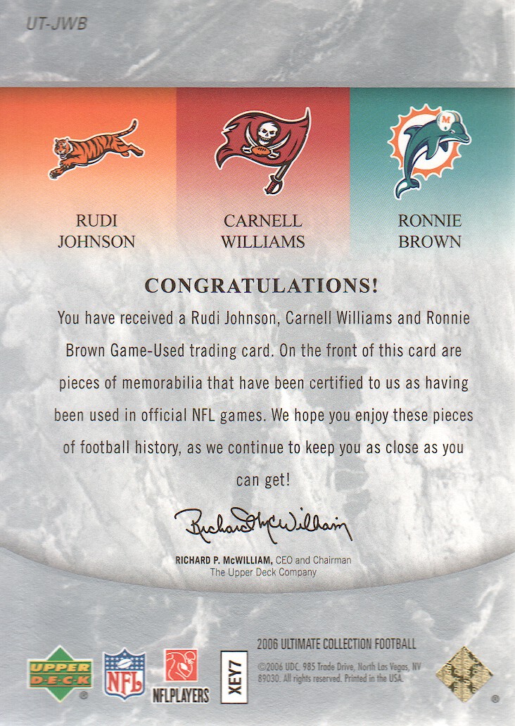 2006 Ultimate Collection Jerseys Triple #JWB Rudi Johnson/Cadillac Williams/Ronnie Brown back image