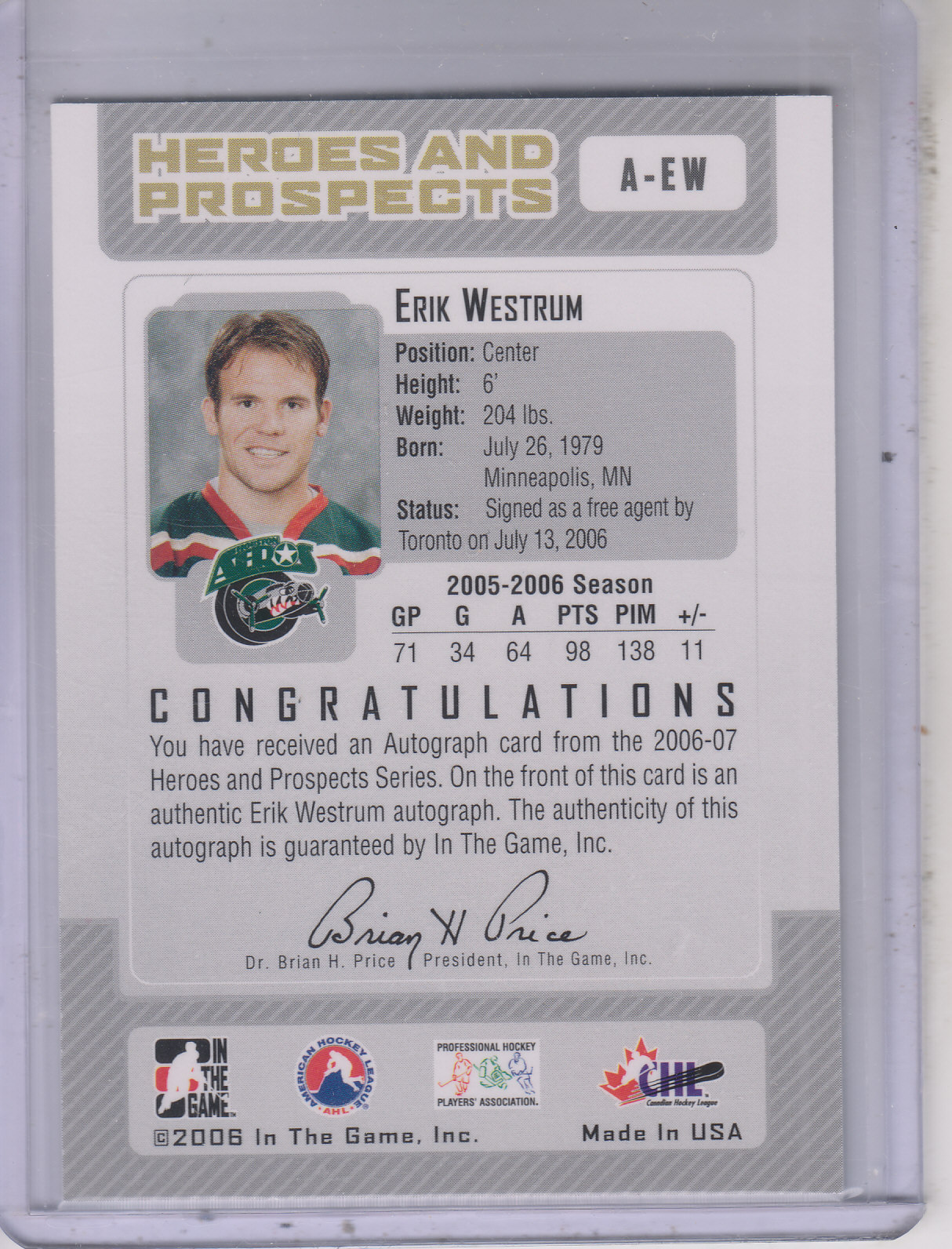 2006-07 ITG Heroes and Prospects Autographs #AEW Erik Westrum back image