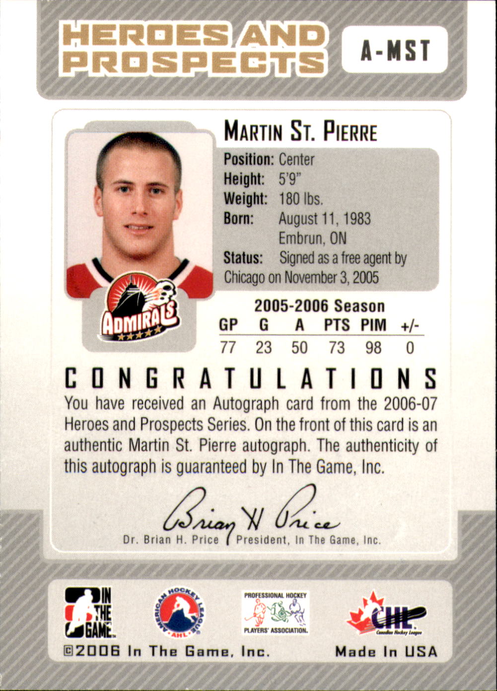 2006-07 ITG Heroes and Prospects Autographs #AMST Martin St. Pierre back image