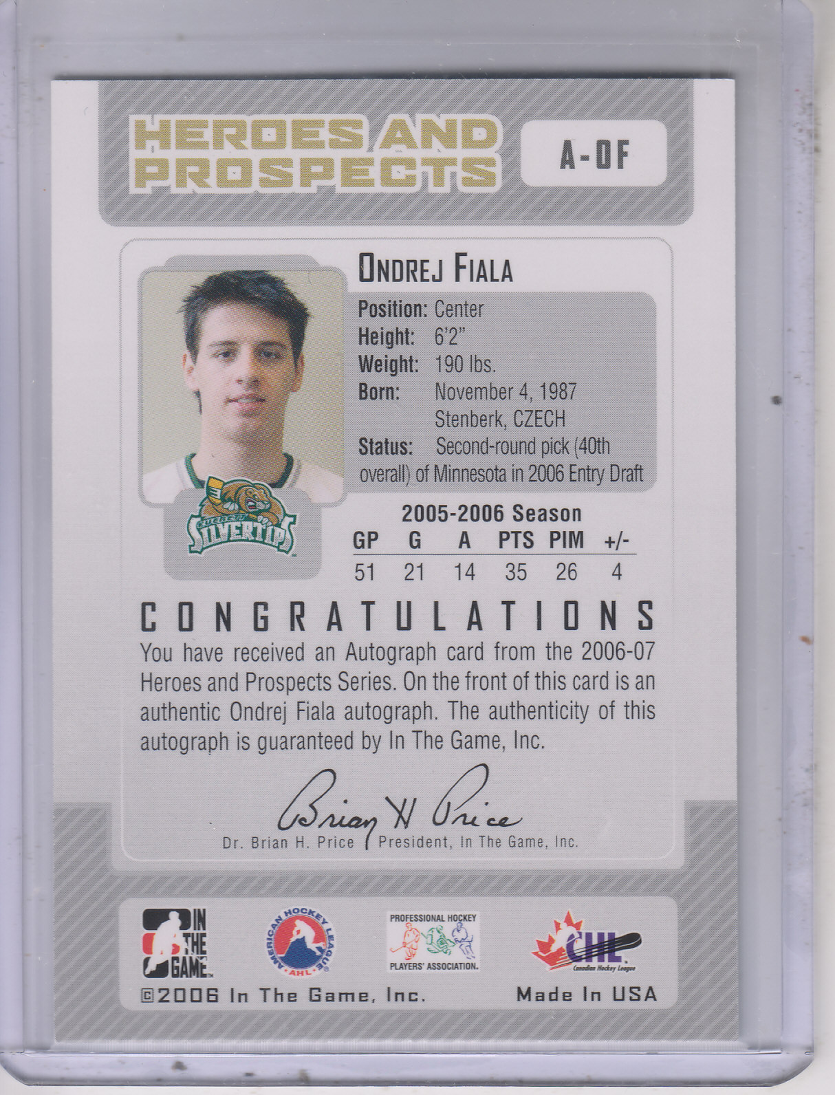 2006-07 ITG Heroes and Prospects Autographs #AOF Ondrej Fiala back image