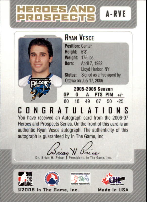 2006-07 ITG Heroes and Prospects Autographs #ARVE Ryan Vesce back image