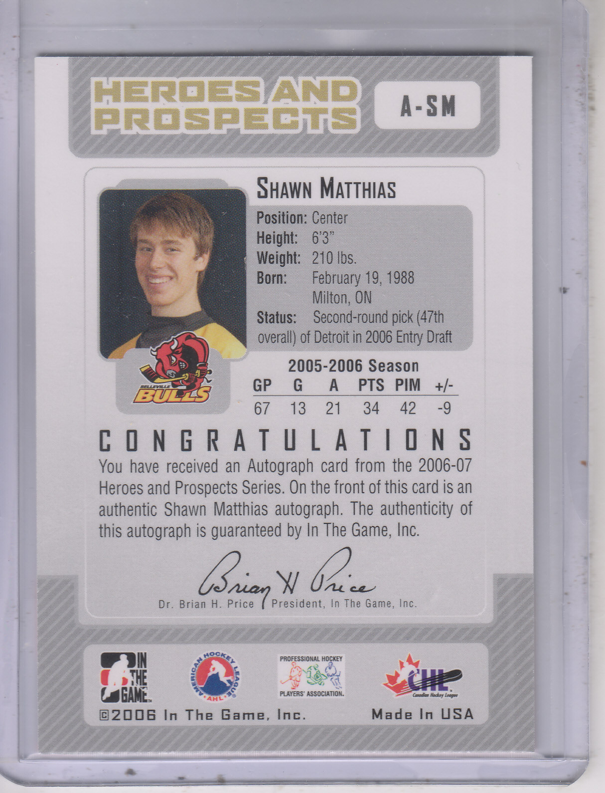 2006-07 ITG Heroes and Prospects Autographs #ASM Shawn Matthais back image