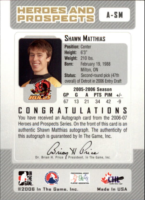 2006-07 ITG Heroes and Prospects Autographs #ASM Shawn Matthais back image