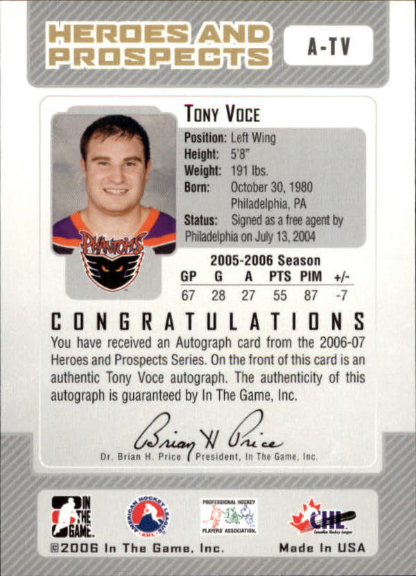 2006-07 ITG Heroes and Prospects Autographs #ATV Tony Voce back image