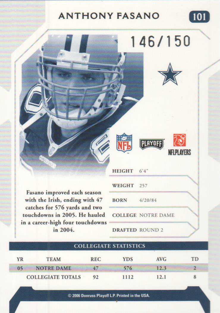 2006 Playoff NFL Playoffs Signature Proofs Silver #101 Anthony Fasano back image