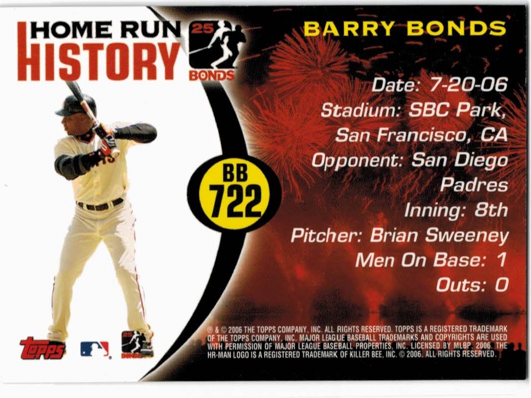 2005 Topps Barry Bonds Home Run History #722 Barry Bonds HR722 back image