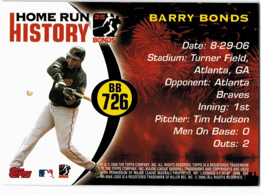 2005 Topps Barry Bonds Home Run History #726 Barry Bonds HR726 back image