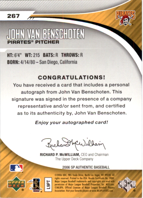 2006 SP Authentic #267 John Van Benschoten AU/399 (RC) back image
