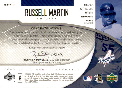 2006 SP Authentic Sign of the Times #RM Russell Martin/75 back image