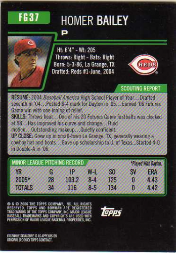 2006 Bowman Draft Future's Game Prospects Relics #37 Homer Bailey Jsy B back image