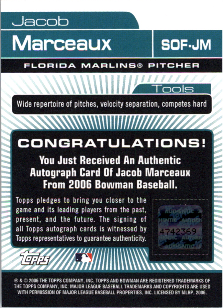 2006 Bowman Draft Signs of the Future #JM Jacob Marceaux C back image