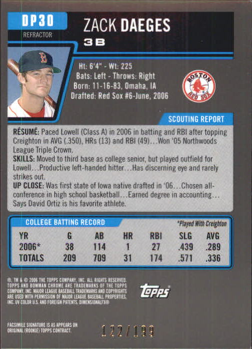 2006 Bowman Chrome Draft Draft Picks Blue Refractors #30 Zack Daeges