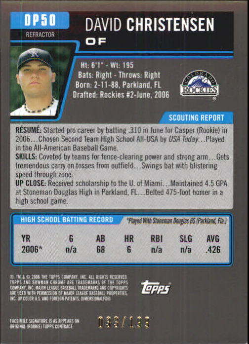 2006 Bowman Chrome Draft Draft Picks Blue Refractors #50 David Christensen