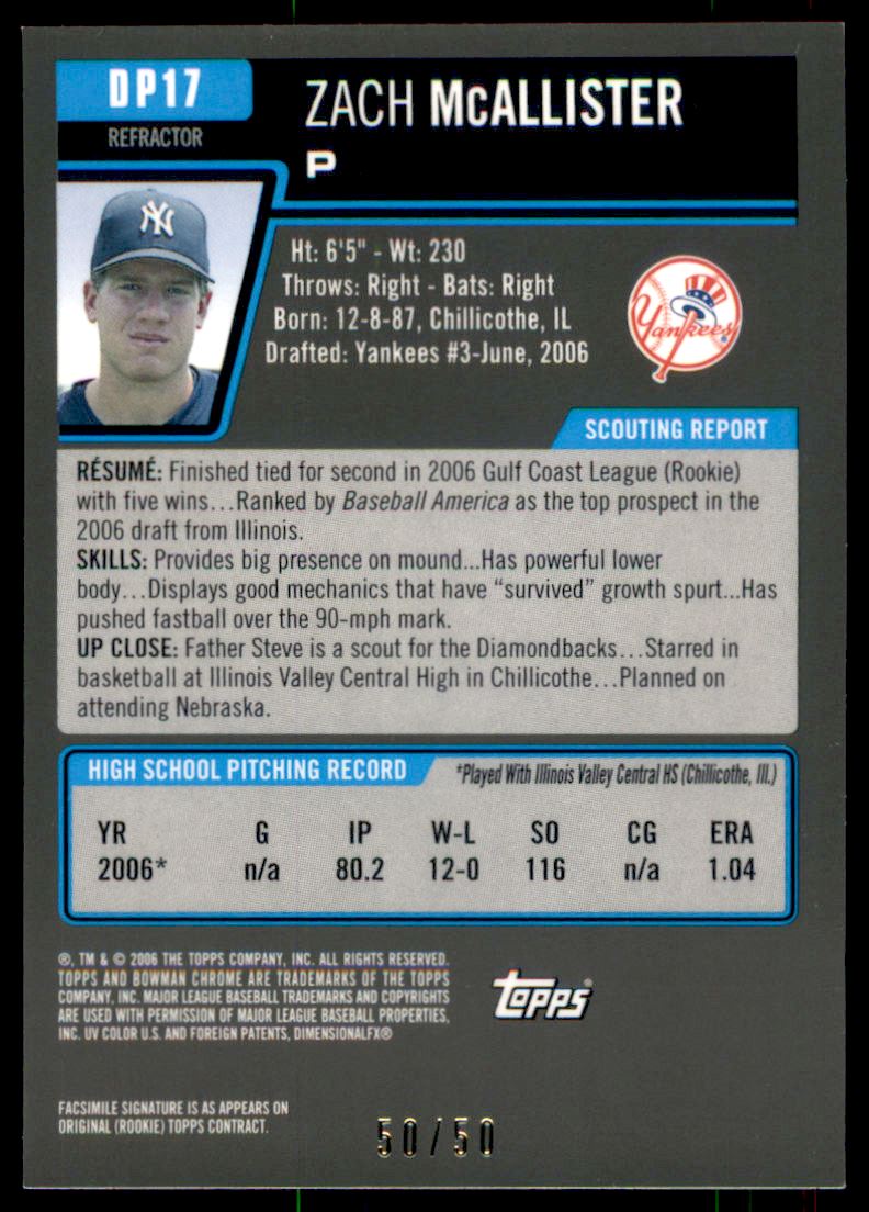 2006 Bowman Chrome Draft Draft Picks Gold Refractors #17 Zach McAllister