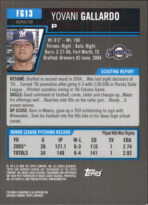 2006 Bowman Chrome Draft Future's Game Prospects Refractors #13 Yovani Gallardo