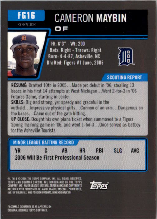 2006 Bowman Chrome Draft Future's Game Prospects Refractors #16 Cameron Maybin