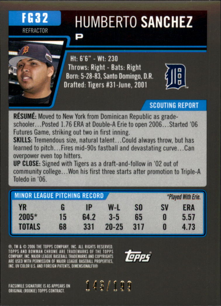 2006 Bowman Chrome Draft Future's Game Prospects Blue Refractors #32 Humberto Sanchez