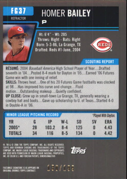 2006 Bowman Chrome Draft Future's Game Prospects Blue Refractors #37 Homer Bailey