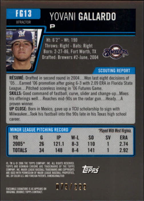 2006 Bowman Chrome Draft Future's Game Prospects X-Fractors #13 Yovani Gallardo