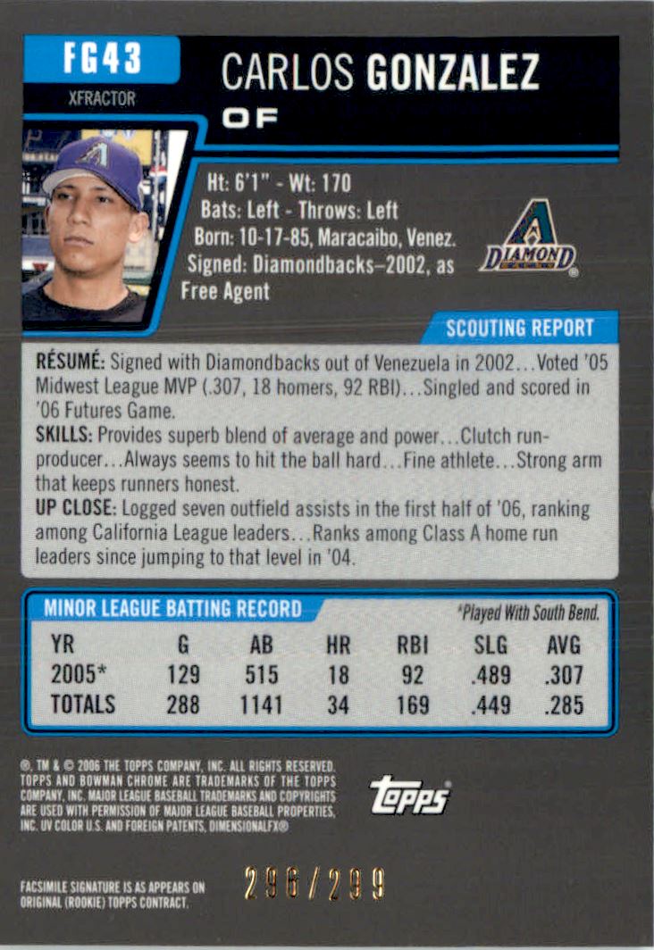 2006 Bowman Chrome Draft Future's Game Prospects X-Fractors #43 Carlos Gonzalez