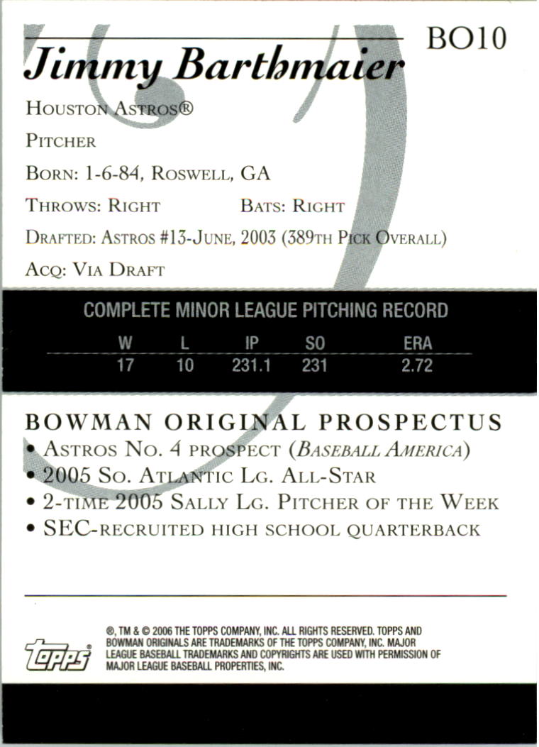 2006 Bowman Originals Prospects #10 Jimmy Barthmaier back image