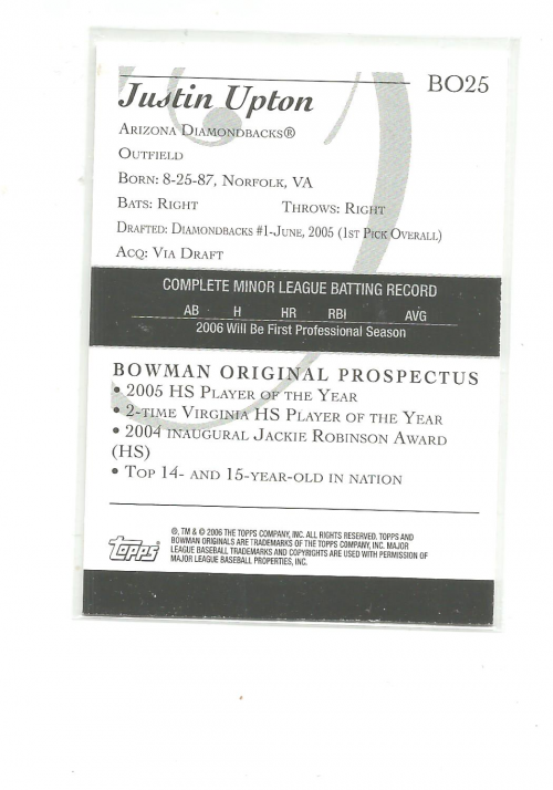 2006 Bowman Originals Prospects #25 Justin Upton back image