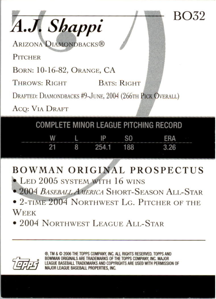 2006 Bowman Originals Prospects #32 A.J. Shappi back image