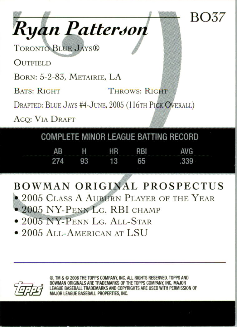 2006 Bowman Originals Prospects #37 Ryan Patterson back image