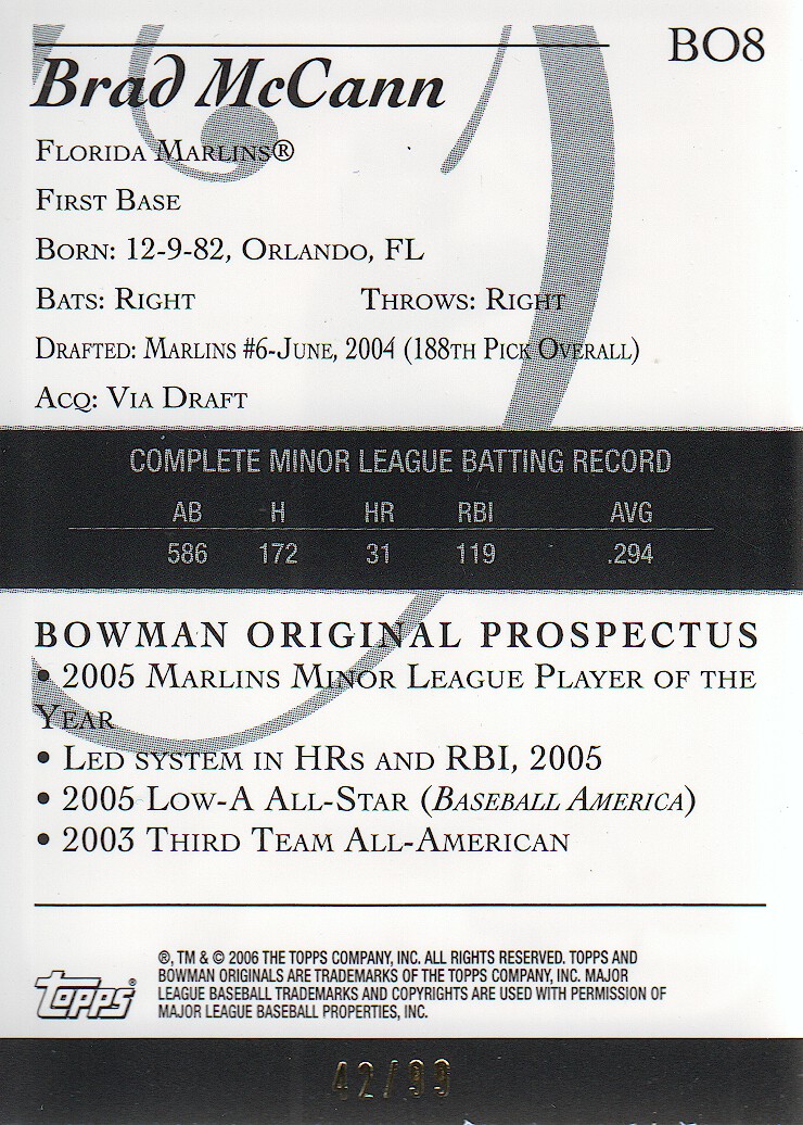 2006 Bowman Originals Prospects Black #8 Brad McCann back image