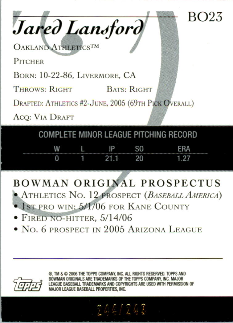 2006 Bowman Originals Prospects Blue #23 Jared Lansford back image