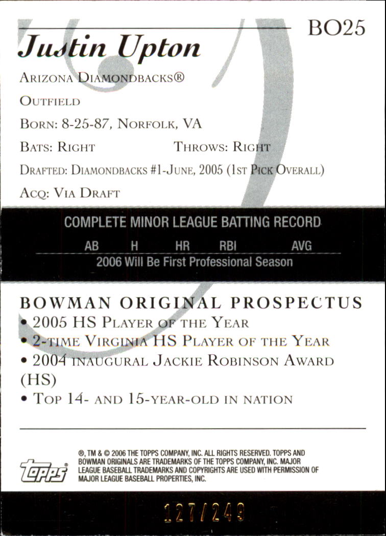 2006 Bowman Originals Prospects Blue #25 Justin Upton back image