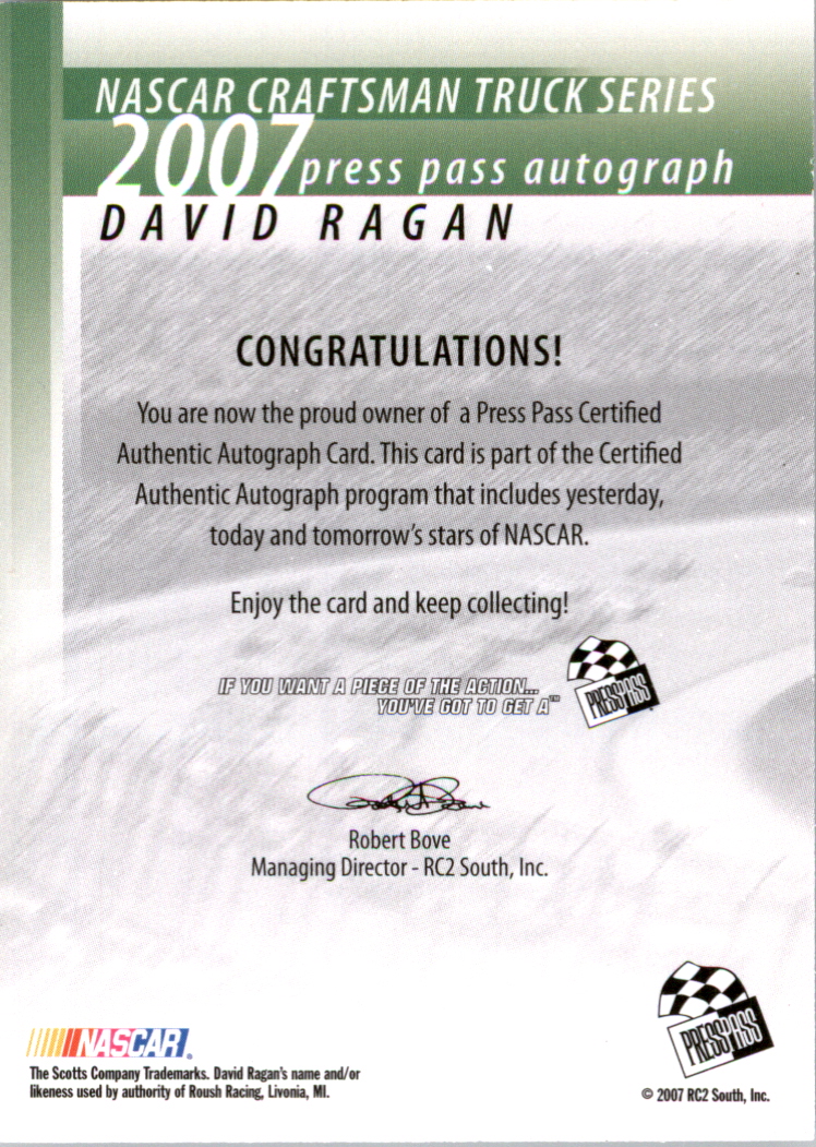 2007 Press Pass Autographs #36 David Ragan CTS P back image