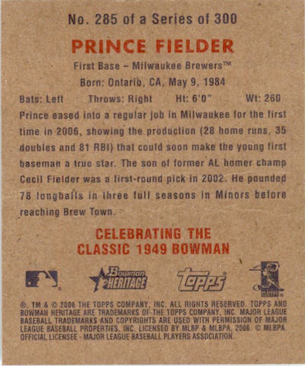 2006 Bowman Heritage #285 Prince Fielder (RC) back image