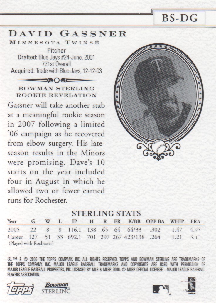 2006 Bowman Sterling #DG David Gassner (RC) back image