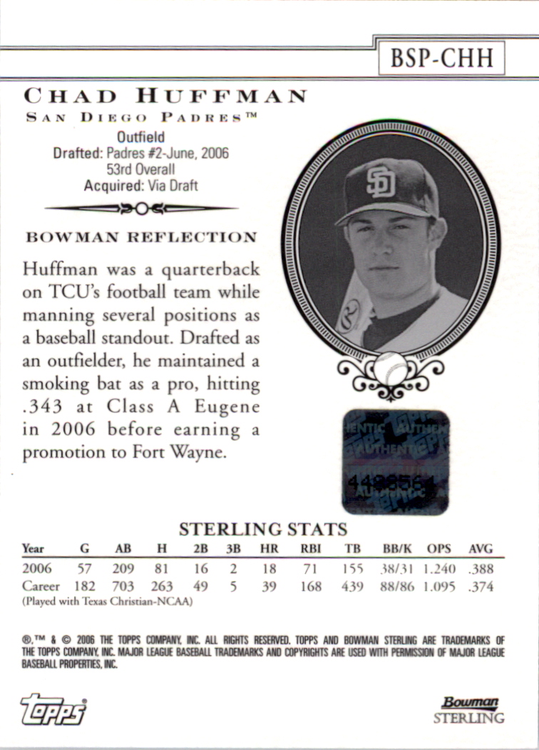 2006 Bowman Sterling Prospects #CHH Chad Huffman AU B back image