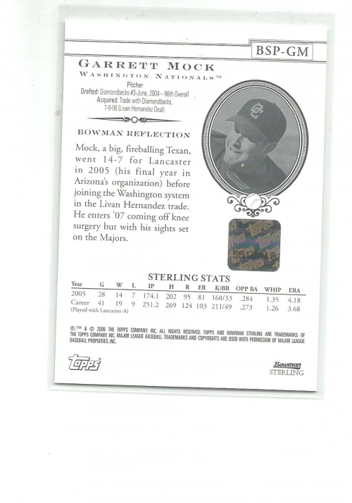 2006 Bowman Sterling Prospects #GM Garrett Mock AU B back image