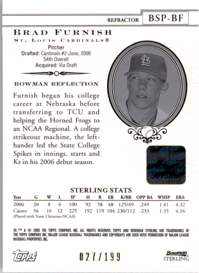 2006 Bowman Sterling Prospects Refractors #BF Brad Furnish AU back image