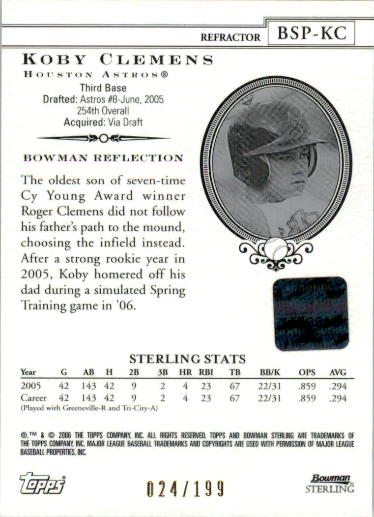 2006 Bowman Sterling Prospects Refractors #KC Koby Clemens AU back image
