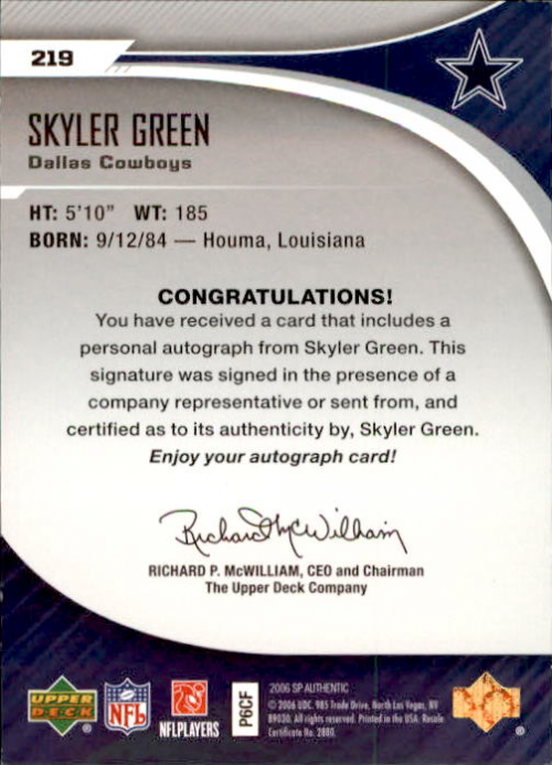 2006 SP Authentic #219 Skyler Green AU RC back image