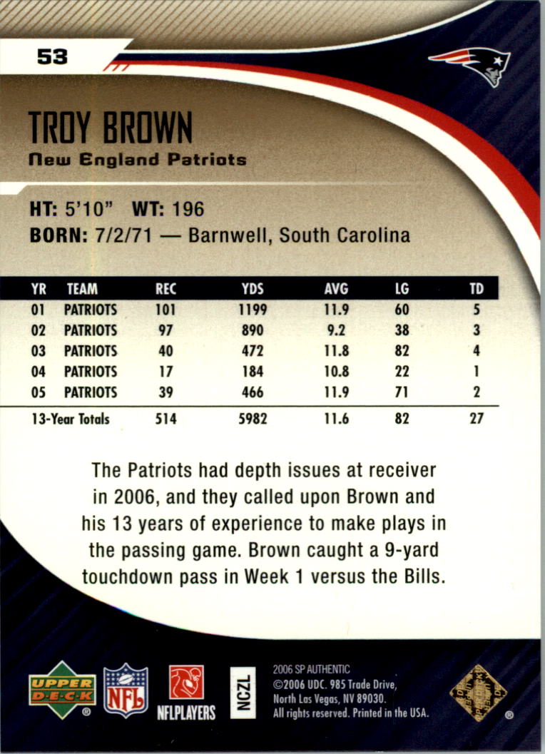 2006 SP Authentic Gold #53 Troy Brown back image