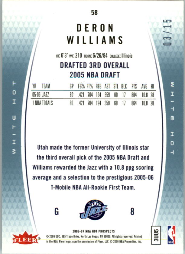 2006-07 Fleer Hot Prospects White Hot #58 Deron Williams back image