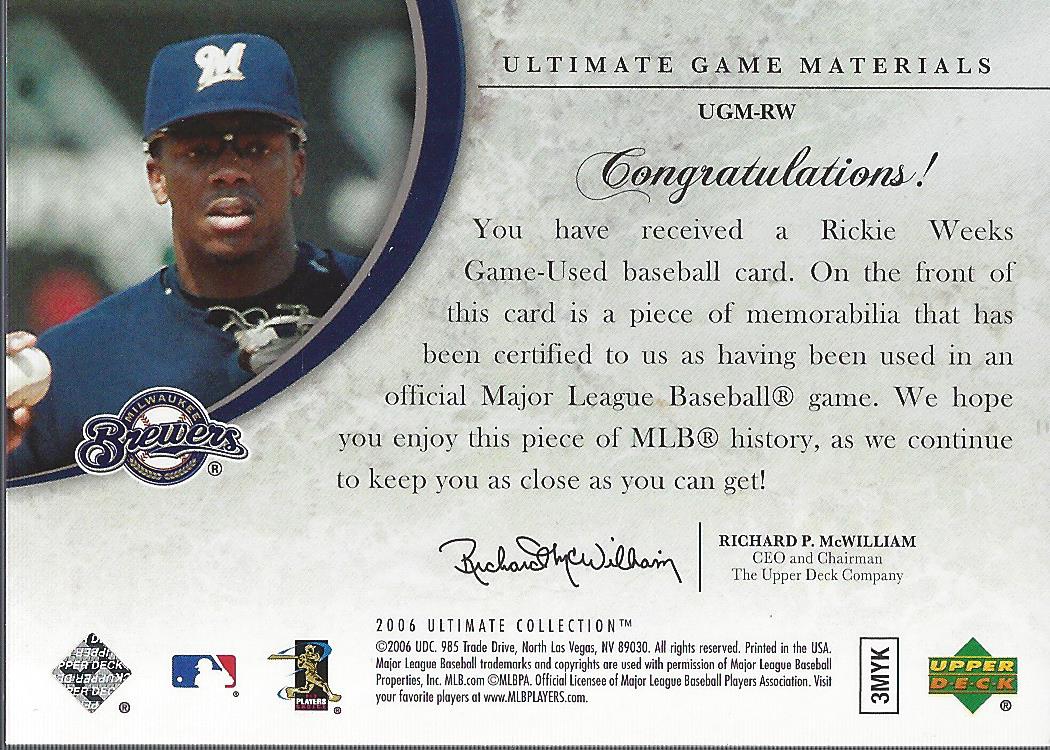 2006 Ultimate Collection Game Materials #RW Rickie Weeks Jsy back image